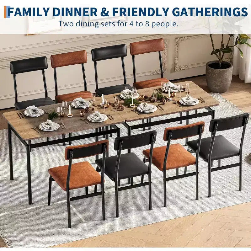 5-Piece Dining Table Set, Brown Wood Kitchen Table with 4 PU Upholstered Chairs, Space-Saving Metal Frame Dinette, for Dining Room