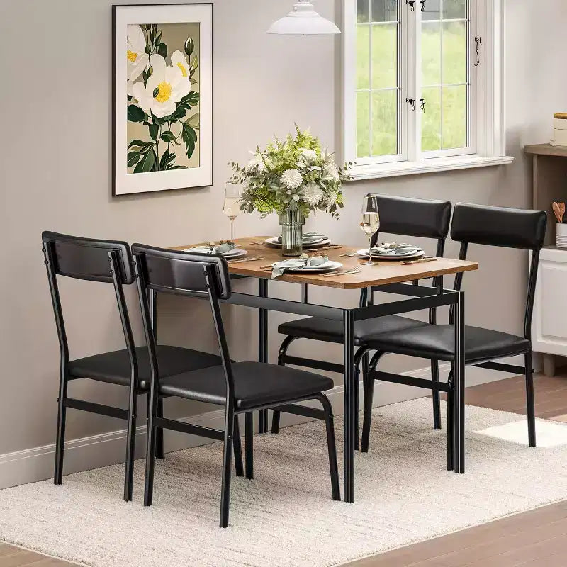 5-Piece Dining Table Set, Brown Wood Kitchen Table with 4 PU Upholstered Chairs, Space-Saving Metal Frame Dinette, for Dining Room