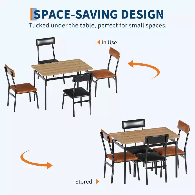 5-Piece Dining Table Set, Brown Wood Kitchen Table with 4 PU Upholstered Chairs, Space-Saving Metal Frame Dinette, for Dining Room