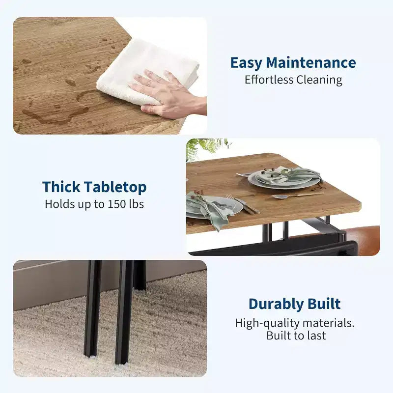 5-Piece Dining Table Set, Brown Wood Kitchen Table with 4 PU Upholstered Chairs, Space-Saving Metal Frame Dinette, for Dining Room