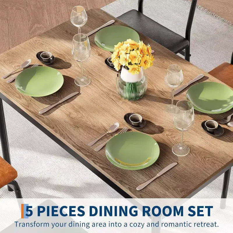 5-Piece Dining Table Set, Brown Wood Kitchen Table with 4 PU Upholstered Chairs, Space-Saving Metal Frame Dinette, for Dining Room