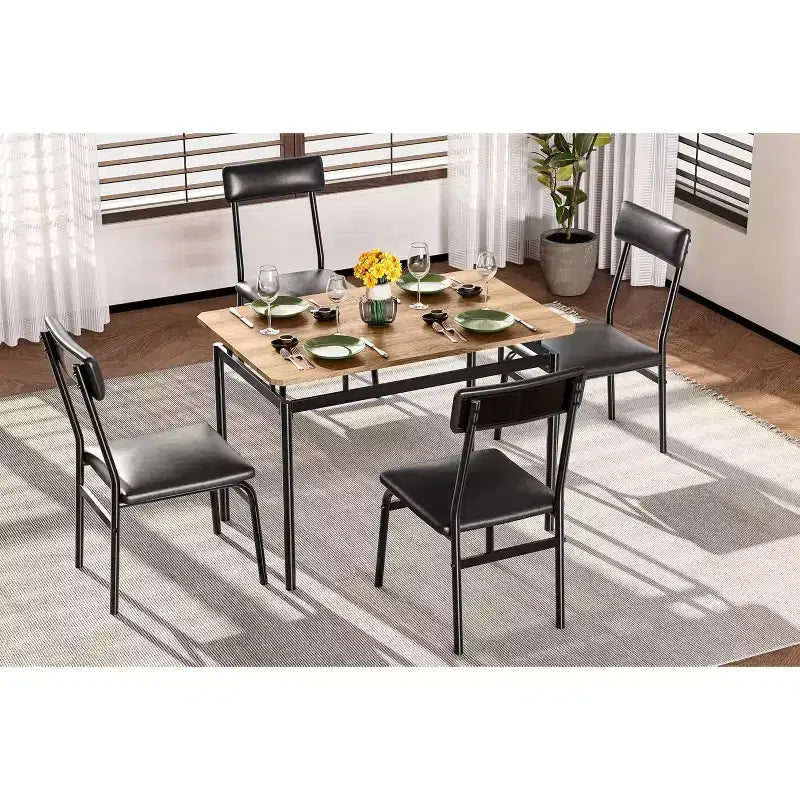 5-Piece Dining Table Set, Brown Wood Kitchen Table with 4 PU Upholstered Chairs, Space-Saving Metal Frame Dinette, for Dining Room