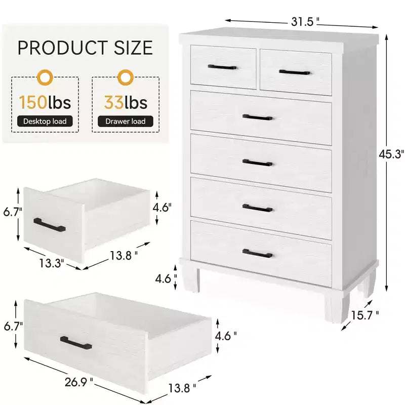 Dresser for Bedroom with 6 Drawers, 45 Tall Grey Chests of Drawers with Storage, Large Drawer Dresser for Closet, Wooden Storage Cabinet for Entryway