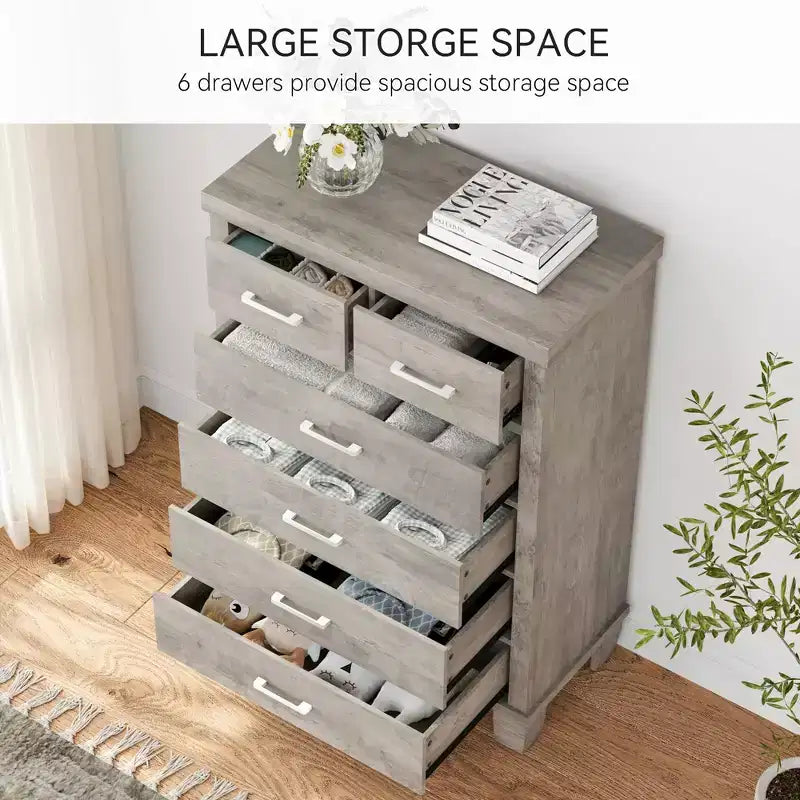 Dresser for Bedroom with 6 Drawers, 45 Tall Grey Chests of Drawers with Storage, Large Drawer Dresser for Closet, Wooden Storage Cabinet for Entryway