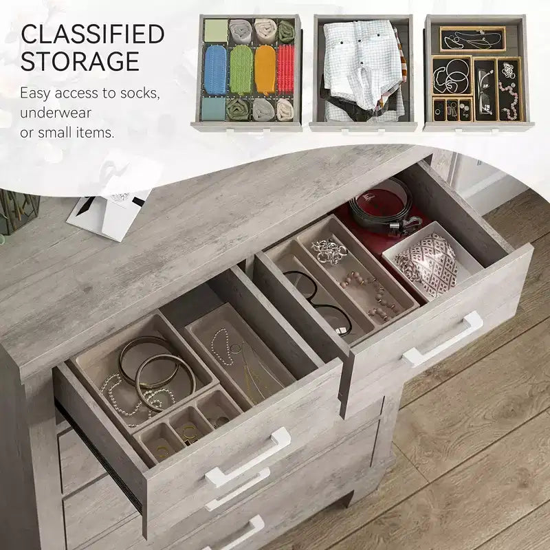 Dresser for Bedroom with 6 Drawers, 45 Tall Grey Chests of Drawers with Storage, Large Drawer Dresser for Closet, Wooden Storage Cabinet for Entryway