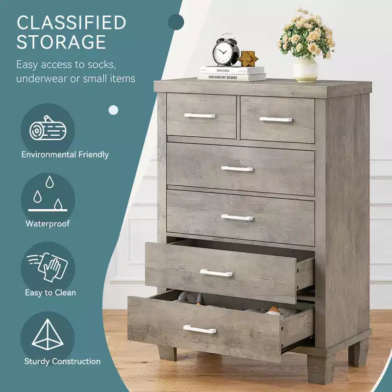 Dresser for Bedroom with 6 Drawers, 45 Tall Grey Chests of Drawers with Storage, Large Drawer Dresser for Closet, Wooden Storage Cabinet for Entryway