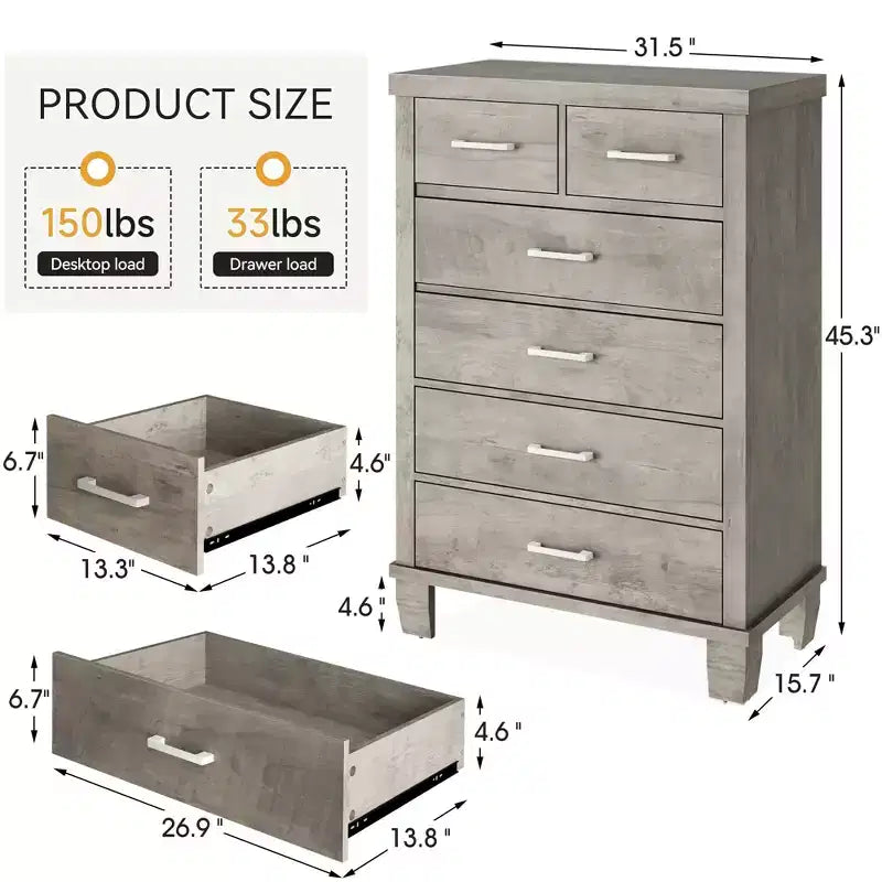 Dresser for Bedroom with 6 Drawers, 45 Tall Grey Chests of Drawers with Storage, Large Drawer Dresser for Closet, Wooden Storage Cabinet for Entryway