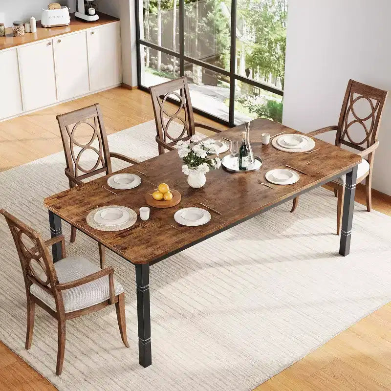78.7 Farmhouse Dining Table for 6-8 People - Industrial Kitchen Table with Metal Frame & Chamfered Corners, for Dining Room, Small Space