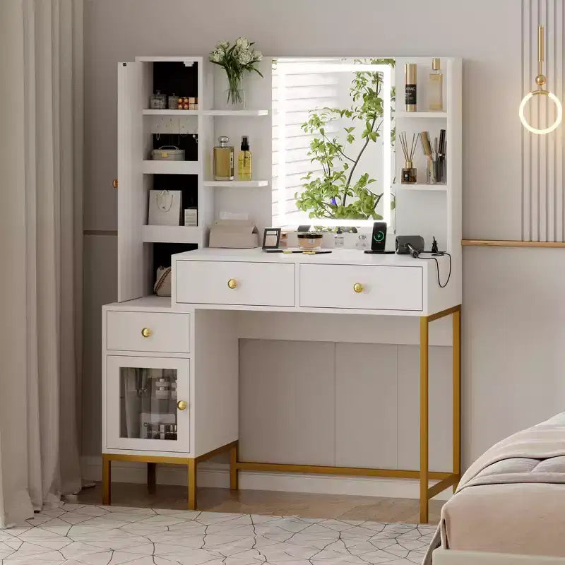 Makeup Vanity with Lighted Mirror, Vanity Desk with Lights in 3 Colors, White Vanity Table with Charging Station, Visible Cabinet with Led Lights
