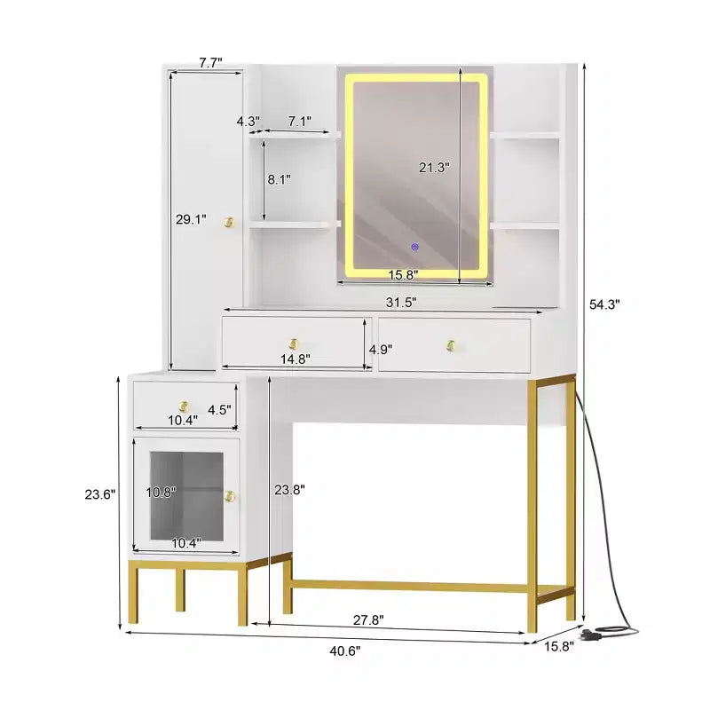 Makeup Vanity with Lighted Mirror, Vanity Desk with Lights in 3 Colors, White Vanity Table with Charging Station, Visible Cabinet with Led Lights