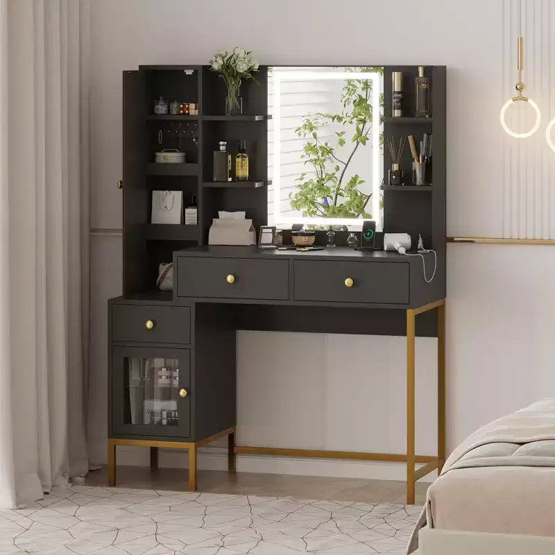 Makeup Vanity with Lighted Mirror, Vanity Desk with Lights in 3 Colors, White Vanity Table with Charging Station, Visible Cabinet with Led Lights