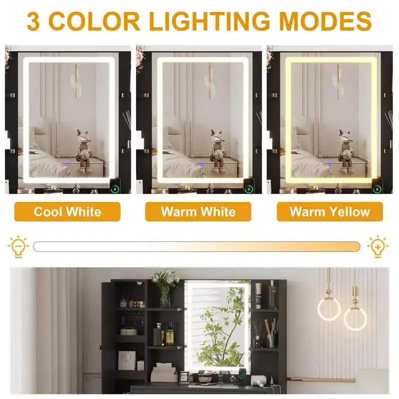 Makeup Vanity with Lighted Mirror, Vanity Desk with Lights in 3 Colors, White Vanity Table with Charging Station, Visible Cabinet with Led Lights