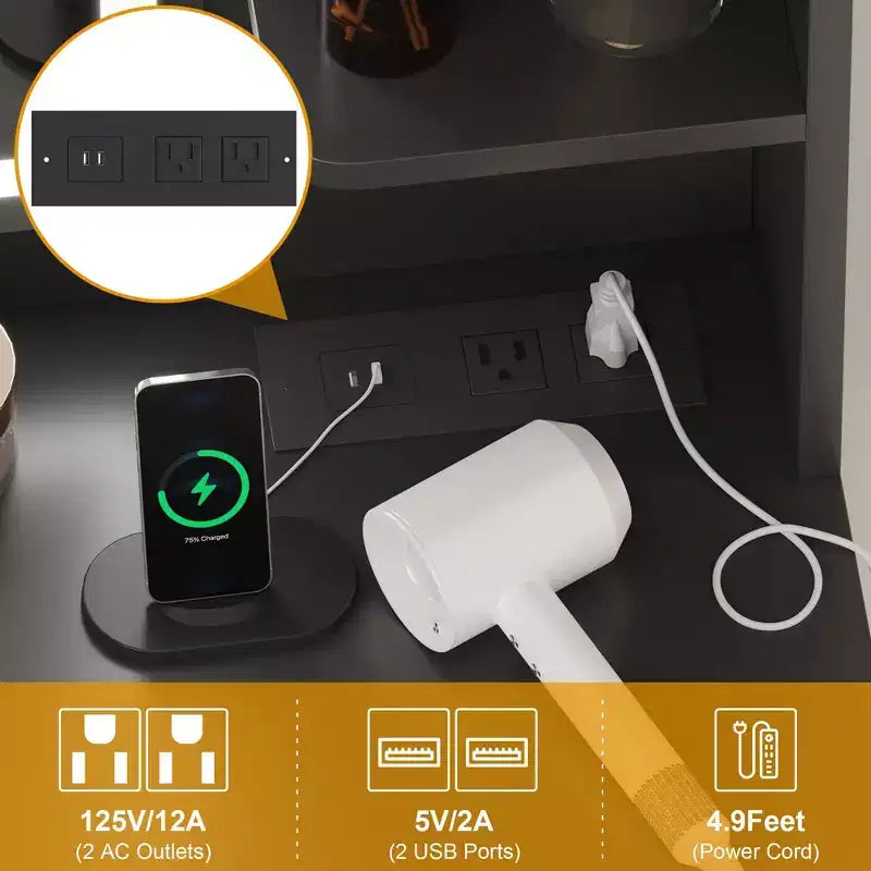 Makeup Vanity with Lighted Mirror, Vanity Desk with Lights in 3 Colors, White Vanity Table with Charging Station, Visible Cabinet with Led Lights