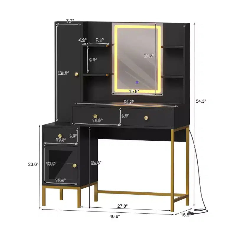 Makeup Vanity with Lighted Mirror, Vanity Desk with Lights in 3 Colors, White Vanity Table with Charging Station, Visible Cabinet with Led Lights