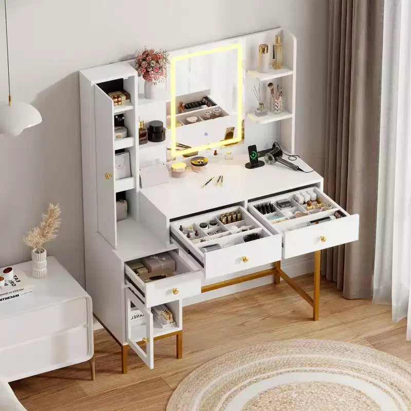 Makeup Vanity with Lighted Mirror, Vanity Desk with Lights in 3 Colors, White Vanity Table with Charging Station, Visible Cabinet with Led Lights