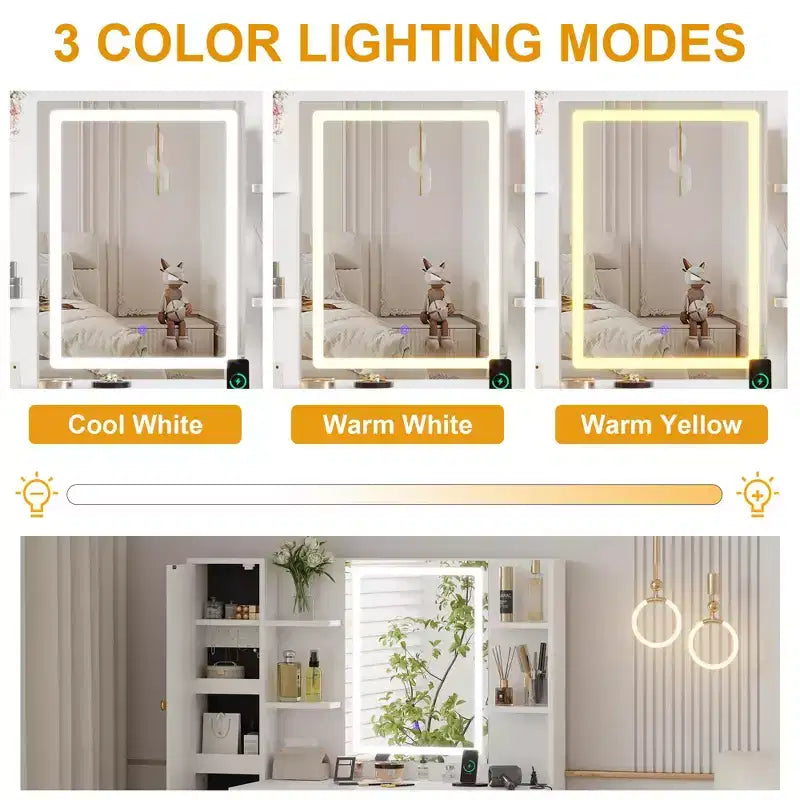 Makeup Vanity with Lighted Mirror, Vanity Desk with Lights in 3 Colors, White Vanity Table with Charging Station, Visible Cabinet with Led Lights