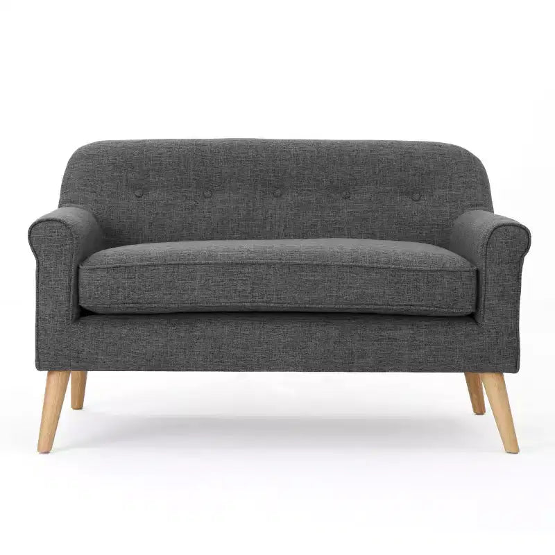 GDFStudio Halima Mid-Century Modern Tufted Loveseat with Rolled Arms and Splayed Rubberwood Legs