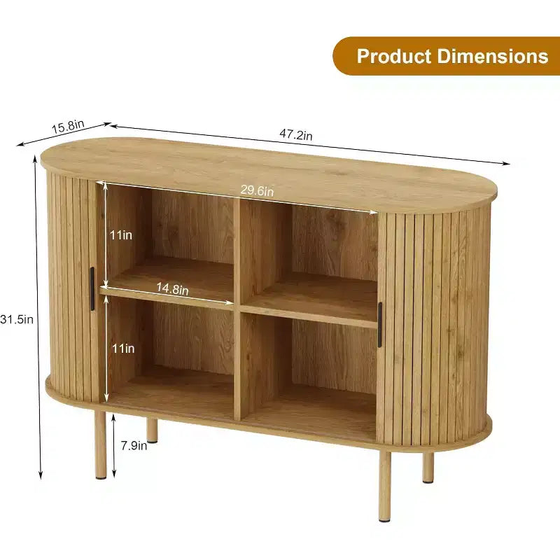 47 Fluted Sideboard Cabinet with Sliding Doors, Modern Wood Storage Cabinet w/Adjustable Shelves, for Living Room, Kitchen, Dining Room