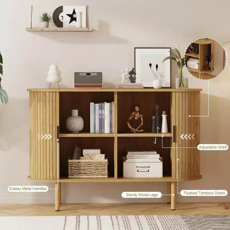 47 Fluted Sideboard Cabinet with Sliding Doors, Modern Wood Storage Cabinet w/Adjustable Shelves, for Living Room, Kitchen, Dining Room