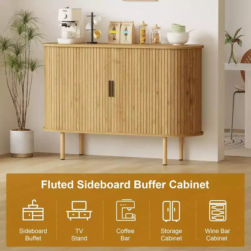 47 Fluted Sideboard Cabinet with Sliding Doors, Modern Wood Storage Cabinet w/Adjustable Shelves, for Living Room, Kitchen, Dining Room