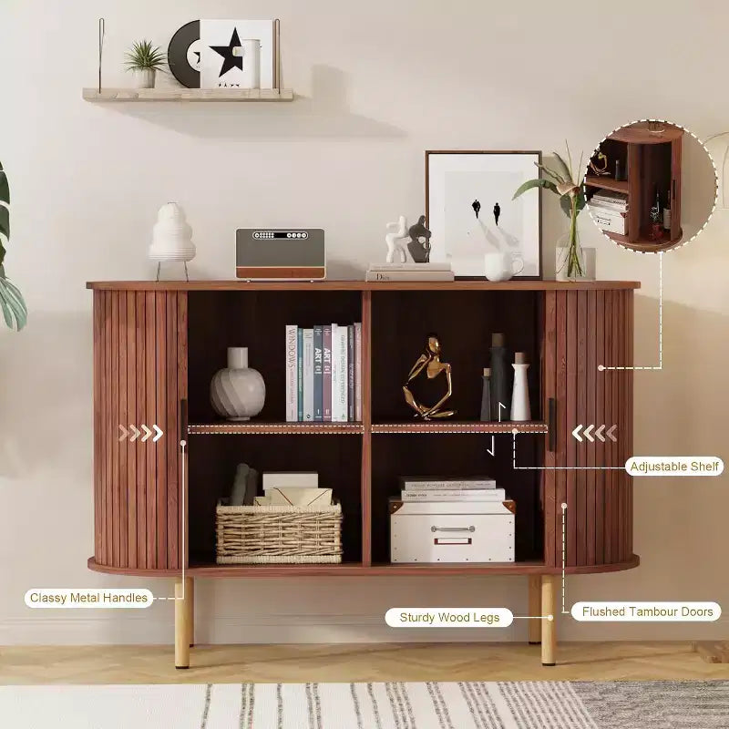 47 Fluted Sideboard Cabinet with Sliding Doors, Modern Wood Storage Cabinet w/Adjustable Shelves, for Living Room, Kitchen, Dining Room
