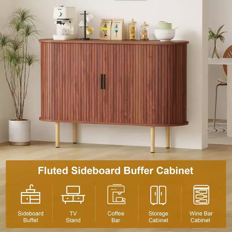 47 Fluted Sideboard Cabinet with Sliding Doors, Modern Wood Storage Cabinet w/Adjustable Shelves, for Living Room, Kitchen, Dining Room