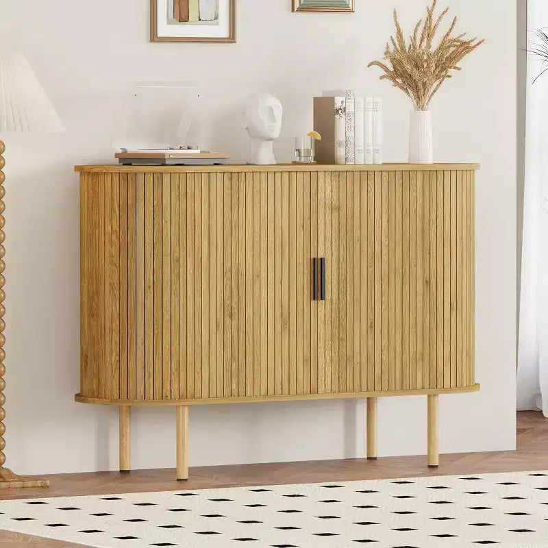 47 Fluted Sideboard Cabinet with Sliding Doors, Modern Wood Storage Cabinet w/Adjustable Shelves, for Living Room, Kitchen, Dining Room