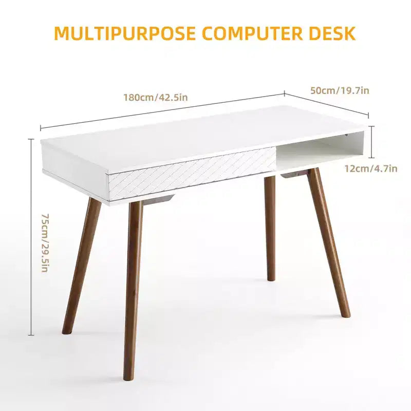 Computer Desk 43 Inch, Small Office Writing Table - Modern Simple Work Desk with Drawer & Open Storage Cubby, White for Home Bedroom
