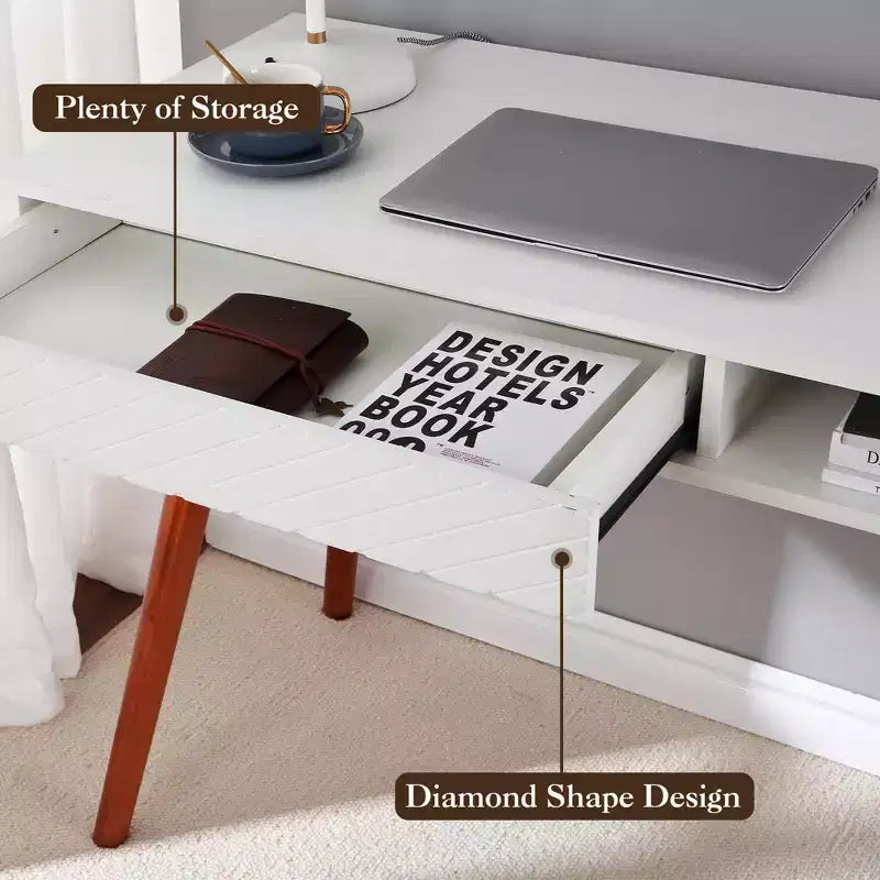 Computer Desk 43 Inch, Small Office Writing Table - Modern Simple Work Desk with Drawer & Open Storage Cubby, White for Home Bedroom