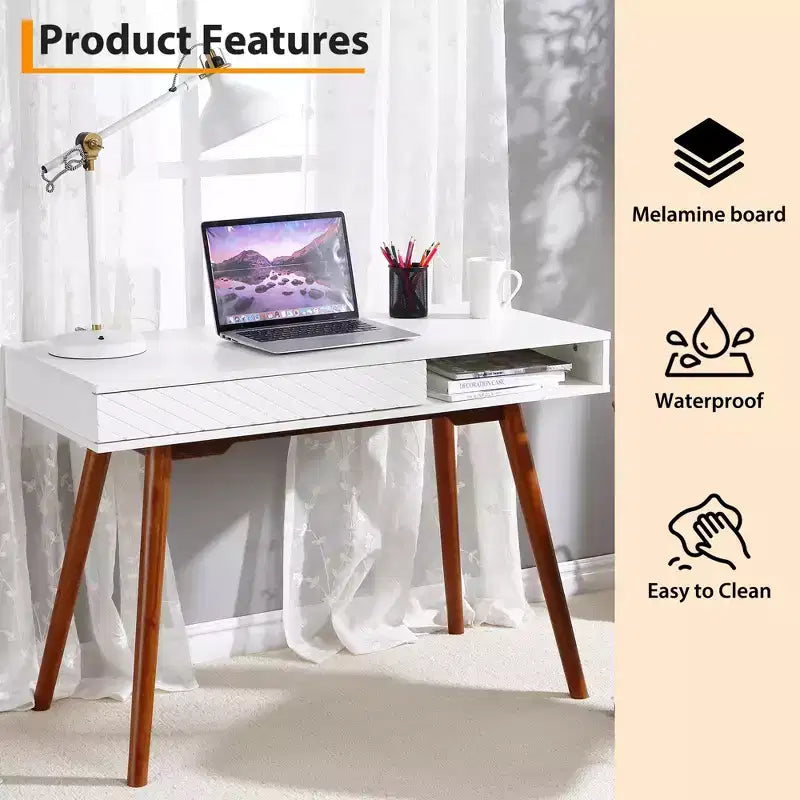 Computer Desk 43 Inch, Small Office Writing Table - Modern Simple Work Desk with Drawer & Open Storage Cubby, White for Home Bedroom