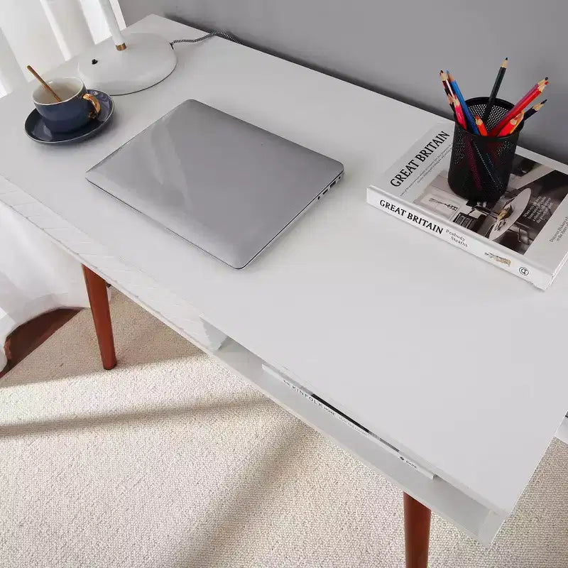 Computer Desk 43 Inch, Small Office Writing Table - Modern Simple Work Desk with Drawer & Open Storage Cubby, White for Home Bedroom