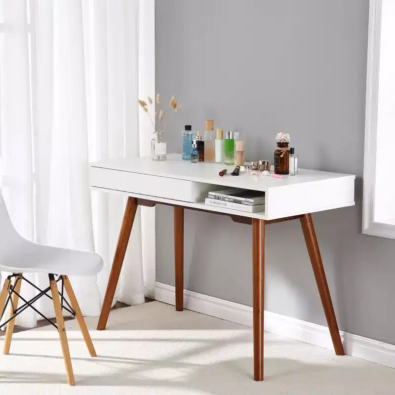 Computer Desk 43 Inch, Small Office Writing Table - Modern Simple Work Desk with Drawer & Open Storage Cubby, White for Home Bedroom