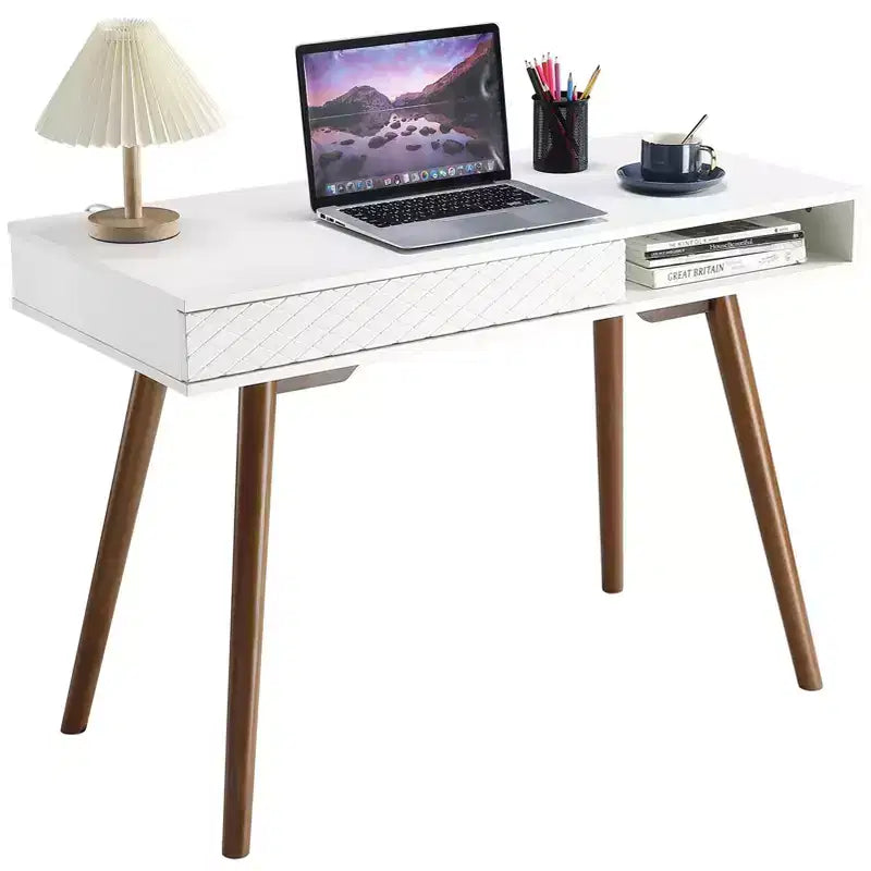 Computer Desk 43 Inch, Small Office Writing Table - Modern Simple Work Desk with Drawer & Open Storage Cubby, White for Home Bedroom