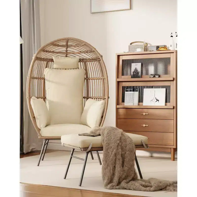Wicker Egg Chair with Ottoman, Egg Basket Lounge Chair with Thick Cushion, Comfy Egg Rattan Seat for Indoor Outdoor Patio Porch Backyard
