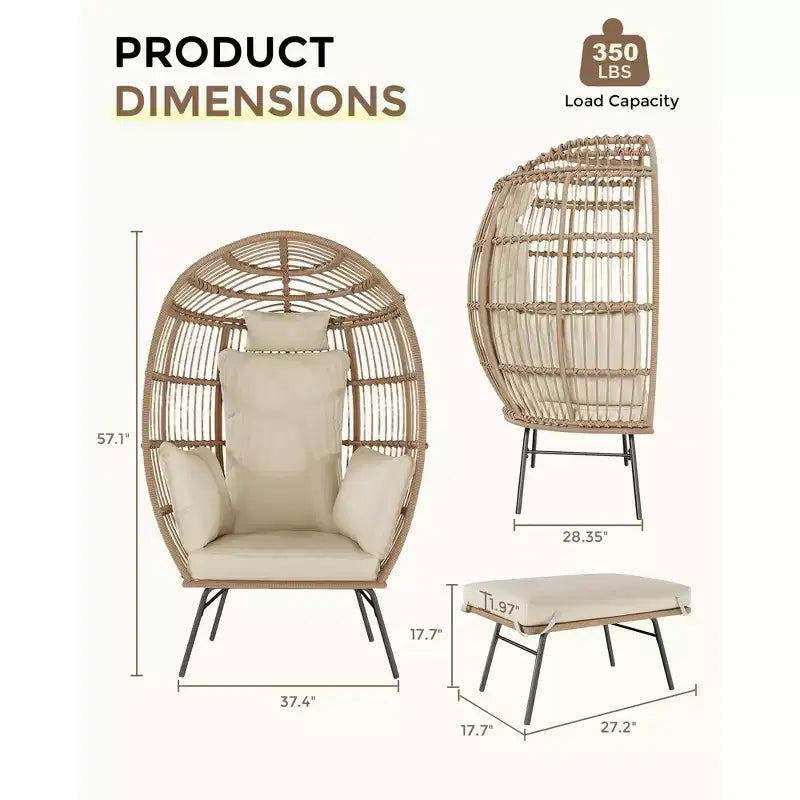 Wicker Egg Chair with Ottoman, Egg Basket Lounge Chair with Thick Cushion, Comfy Egg Rattan Seat for Indoor Outdoor Patio Porch Backyard