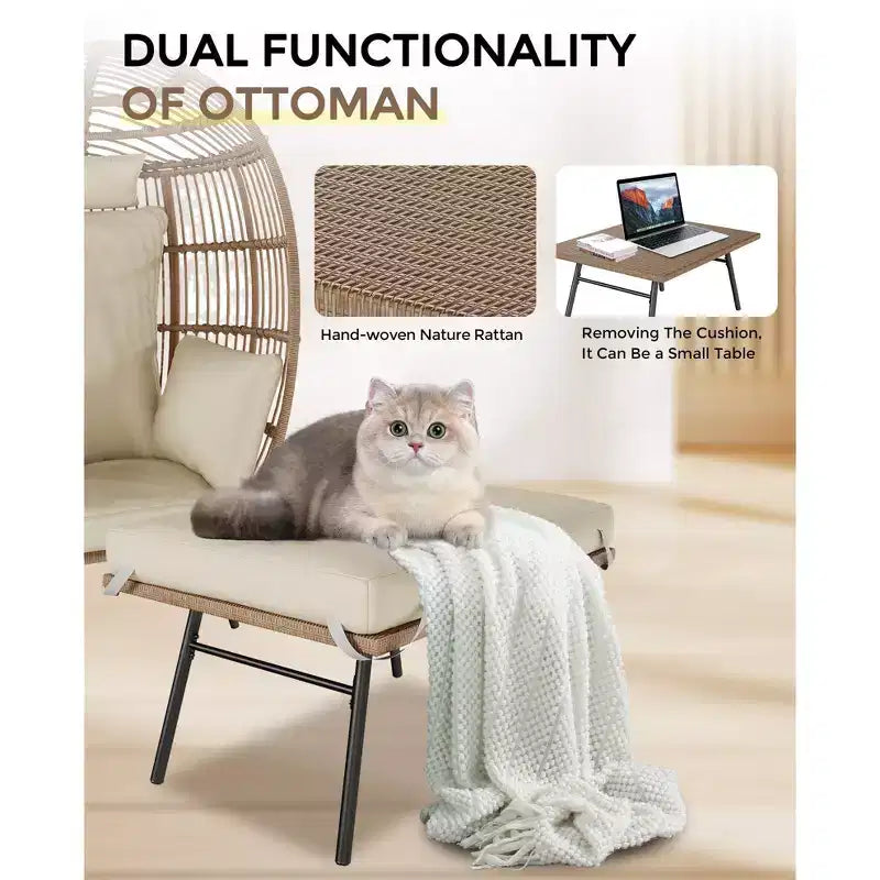 Wicker Egg Chair with Ottoman, Egg Basket Lounge Chair with Thick Cushion, Comfy Egg Rattan Seat for Indoor Outdoor Patio Porch Backyard