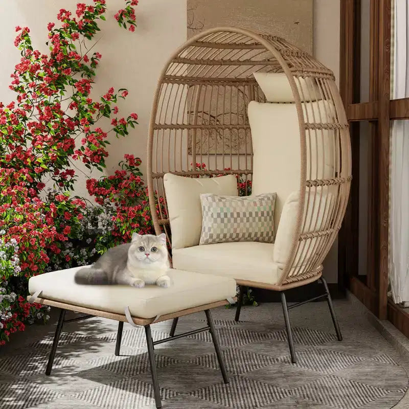 Wicker Egg Chair with Ottoman, Egg Basket Lounge Chair with Thick Cushion, Comfy Egg Rattan Seat for Indoor Outdoor Patio Porch Backyard