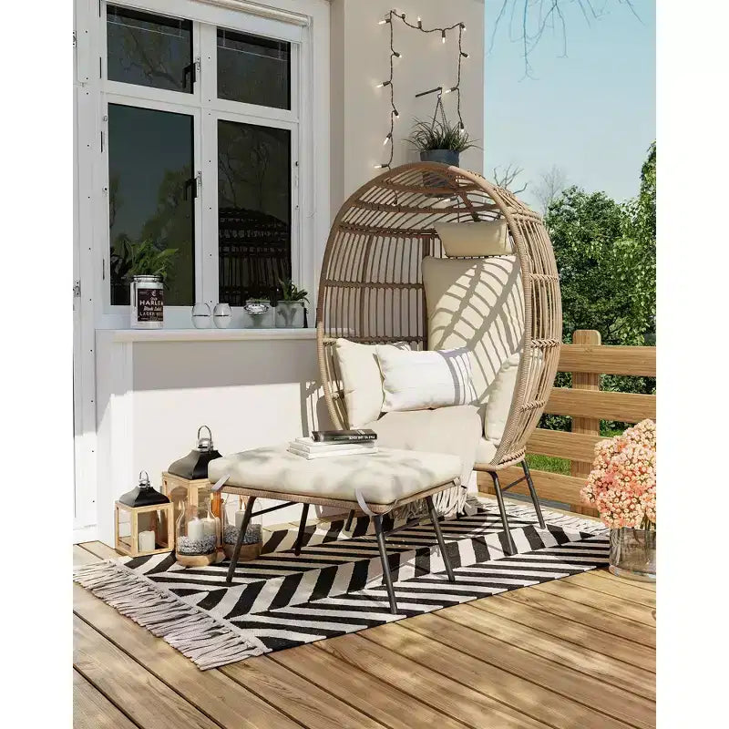 Wicker Egg Chair with Ottoman, Egg Basket Lounge Chair with Thick Cushion, Comfy Egg Rattan Seat for Indoor Outdoor Patio Porch Backyard