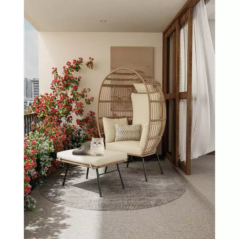 Wicker Egg Chair with Ottoman, Egg Basket Lounge Chair with Thick Cushion, Comfy Egg Rattan Seat for Indoor Outdoor Patio Porch Backyard
