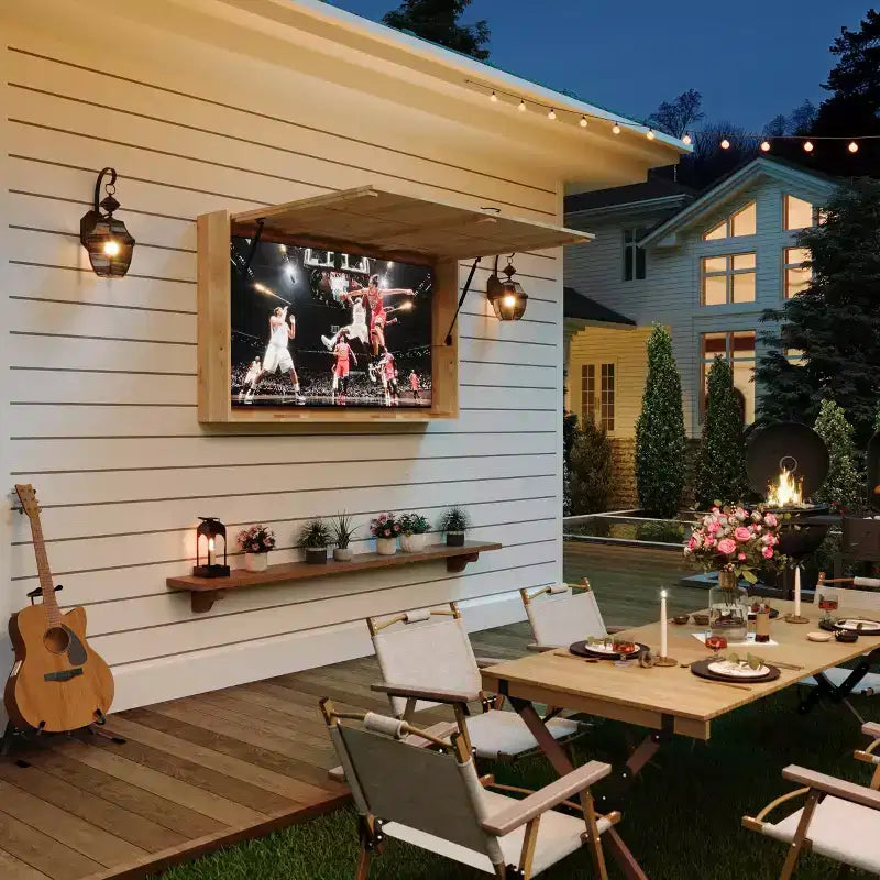 Outdoor Wooden TV Display Protector, 48 inch Solid Waterproof Adjustable Television Hard Box with Extra Cover and Telescopic Bracket Brown