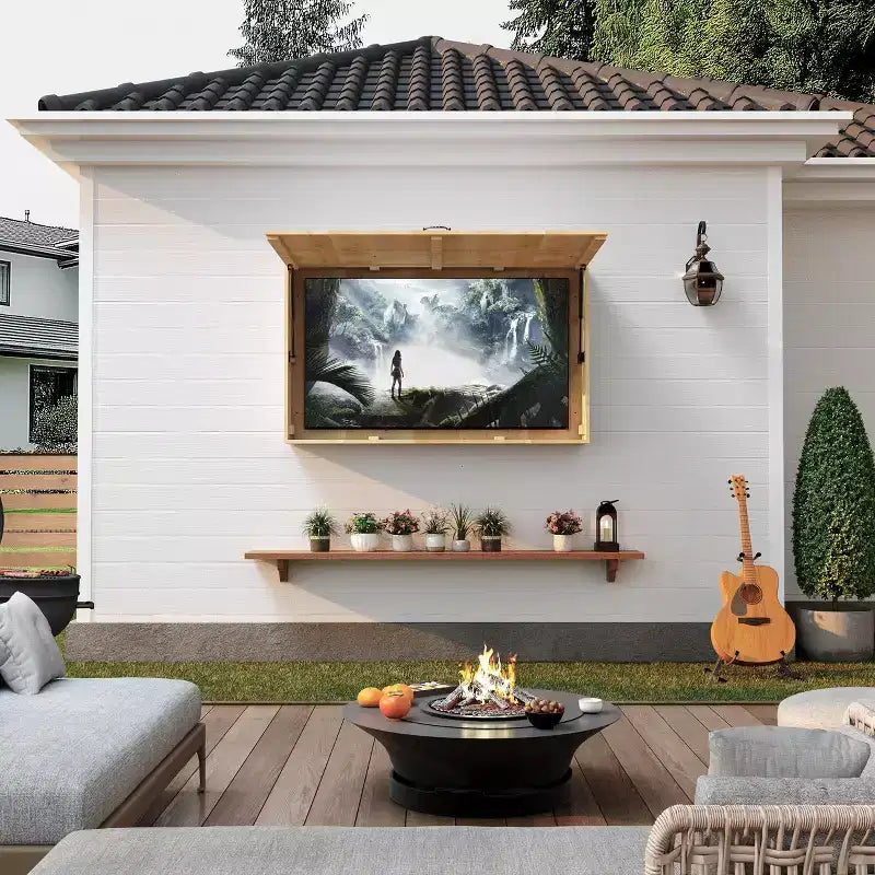 Outdoor Wooden TV Display Protector, 48 inch Solid Waterproof Adjustable Television Hard Box with Extra Cover and Telescopic Bracket Brown