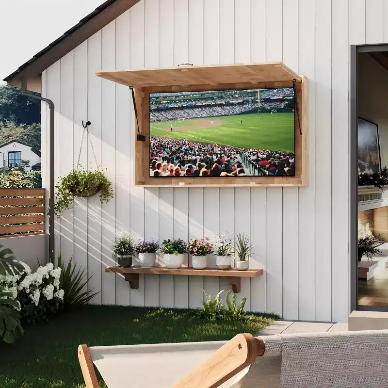 Outdoor Wooden TV Display Protector, 48 inch Solid Waterproof Adjustable Television Hard Box with Extra Cover and Telescopic Bracket Brown
