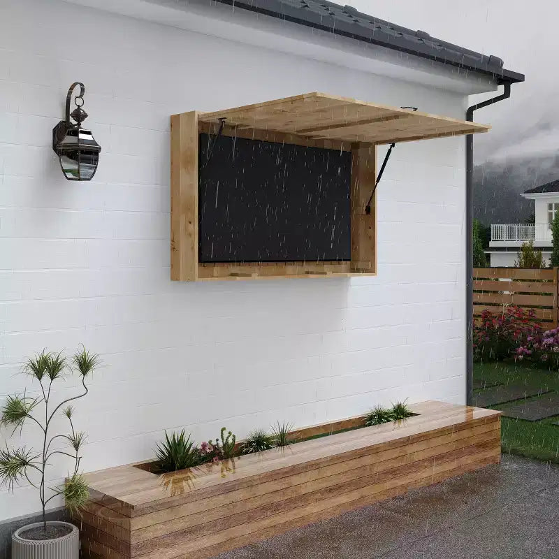 Outdoor Wooden TV Display Protector, 48 inch Solid Waterproof Adjustable Television Hard Box with Extra Cover and Telescopic Bracket Brown
