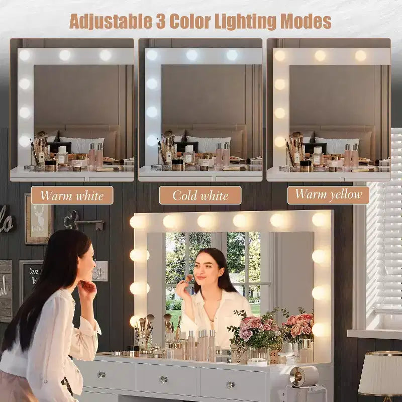 Vanity Desk with Mirror, LED Lights and Power Outlet Makeup Vanity Table with 11 Drawers Dressing Table for Bedroom Dressing Room (White)
