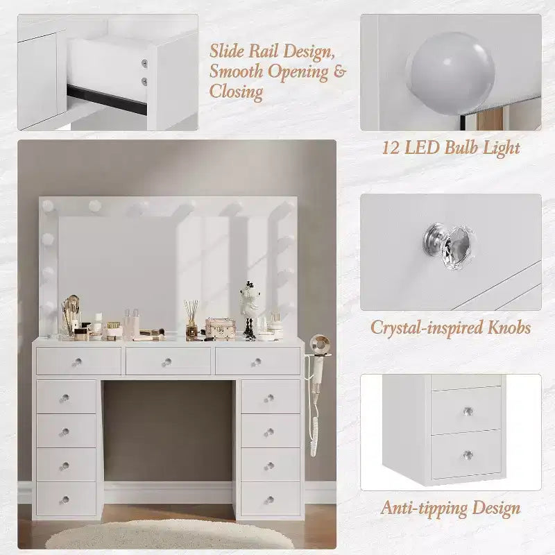 Vanity Desk with Mirror, LED Lights and Power Outlet Makeup Vanity Table with 11 Drawers Dressing Table for Bedroom Dressing Room (White)