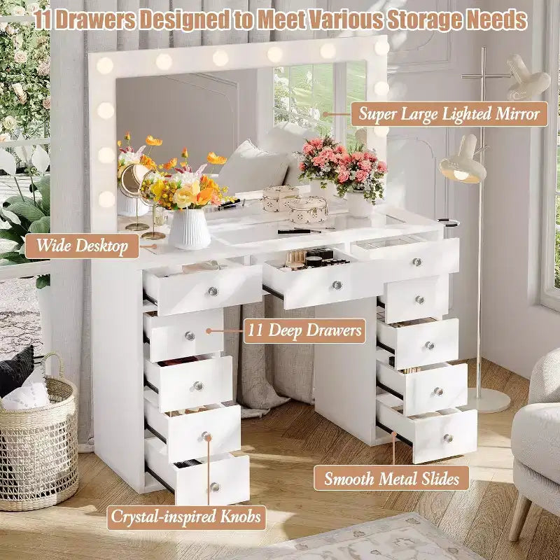 Vanity Desk with Mirror, LED Lights and Power Outlet Makeup Vanity Table with 11 Drawers Dressing Table for Bedroom Dressing Room (White)