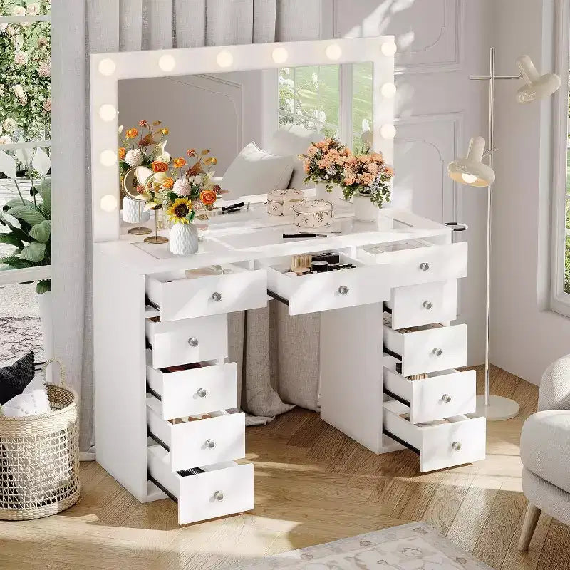 Vanity Desk with Mirror, LED Lights and Power Outlet Makeup Vanity Table with 11 Drawers Dressing Table for Bedroom Dressing Room (White)