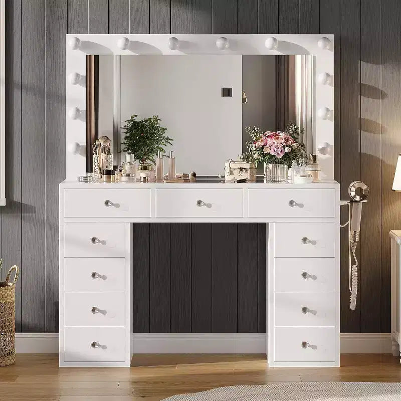 Vanity Desk with Mirror, LED Lights and Power Outlet Makeup Vanity Table with 11 Drawers Dressing Table for Bedroom Dressing Room (White)