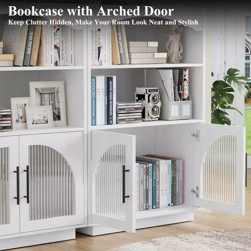 SOLACE FURNITURE 46 Bookshelf with Doors, Black Bookcase with Glass Door, 3 Tier Small Bookshelf