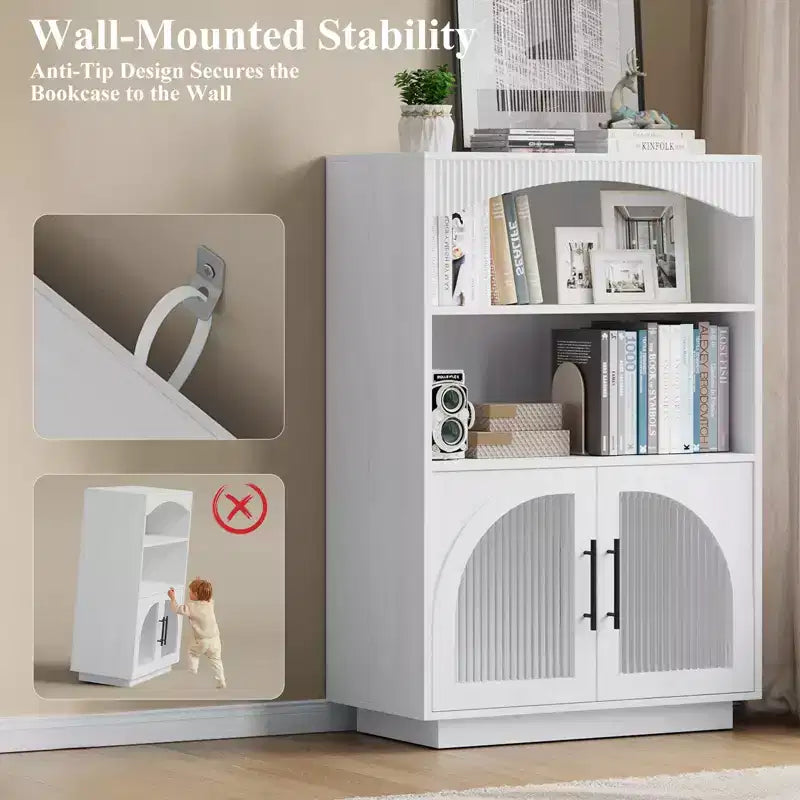 SOLACE FURNITURE 46 Bookshelf with Doors, Black Bookcase with Glass Door, 3 Tier Small Bookshelf